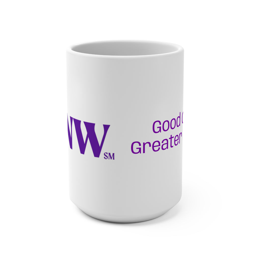 NCNW Good Coffee Greater Purpose Mug | 15oz White Ceramic, Purple Text