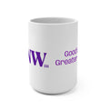 NCNW Good Coffee Greater Purpose Mug | 15oz White Ceramic, Purple Text