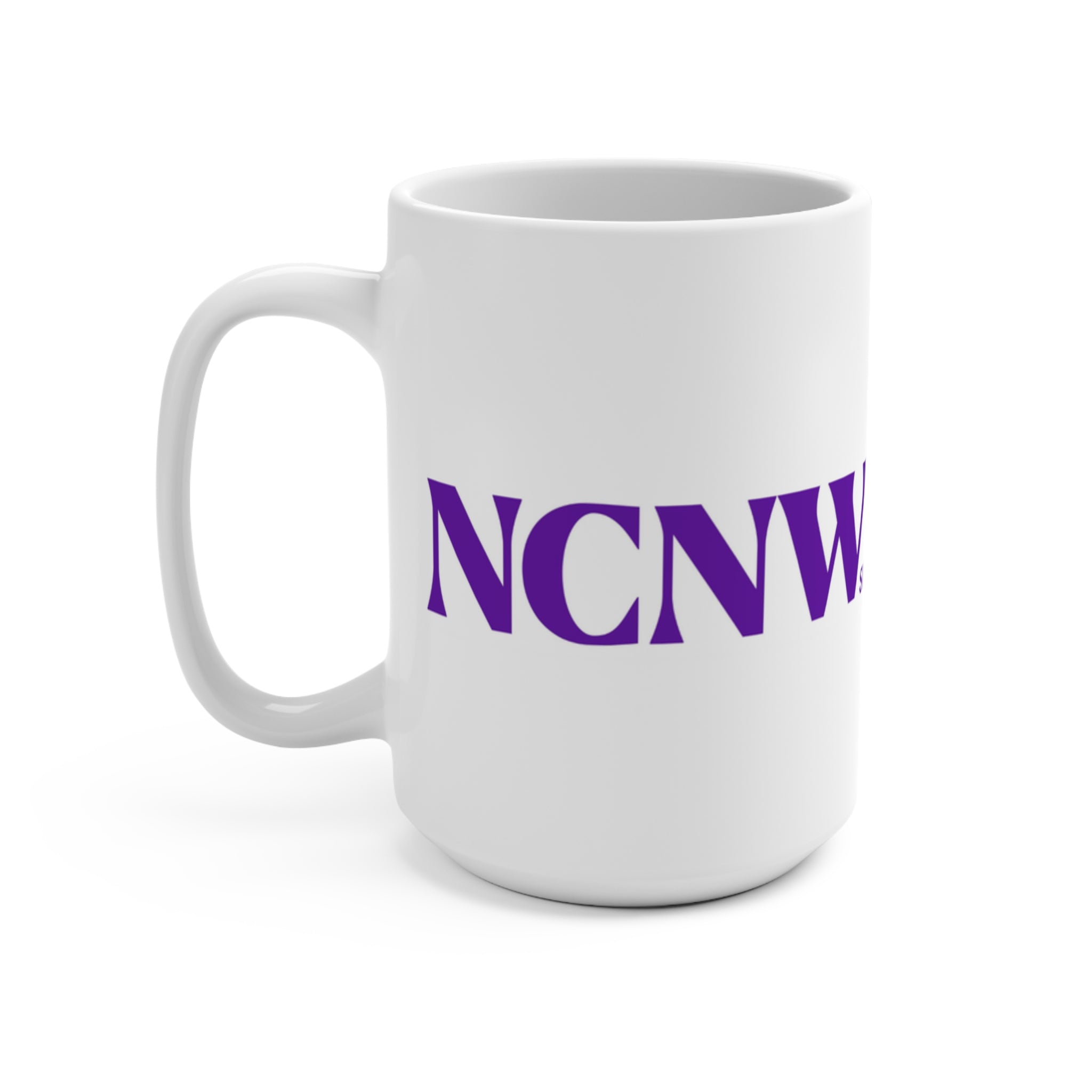NCNW Good Coffee Greater Purpose Mug | 15oz White Ceramic, Purple Text